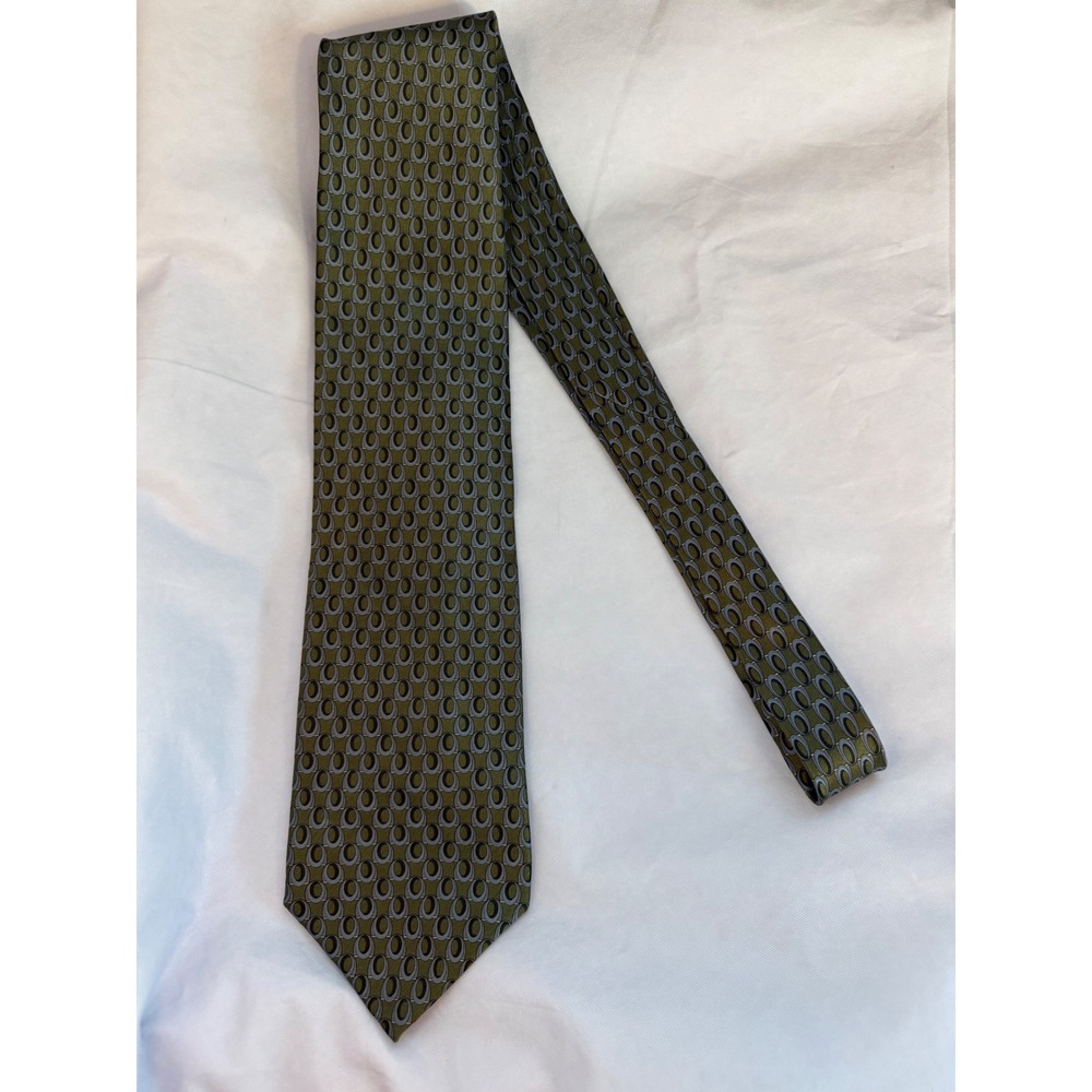 Kolte Italy Mens Silk Tie Olive Green Grey Geometric Oval Pattern Handmade Italy
